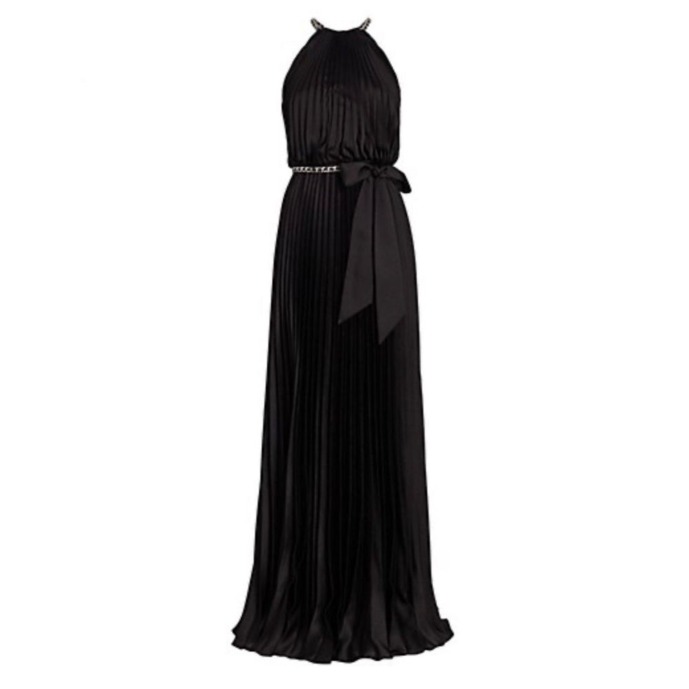 ML Monique Lhuillier Satin Chain-Link Belt Pleated Gown, Black, New, Size 8 - Picture 1 of 12